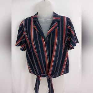 TAKE 50% OFF MONTEAU Striped Button-Up Tie Front Top (#985)